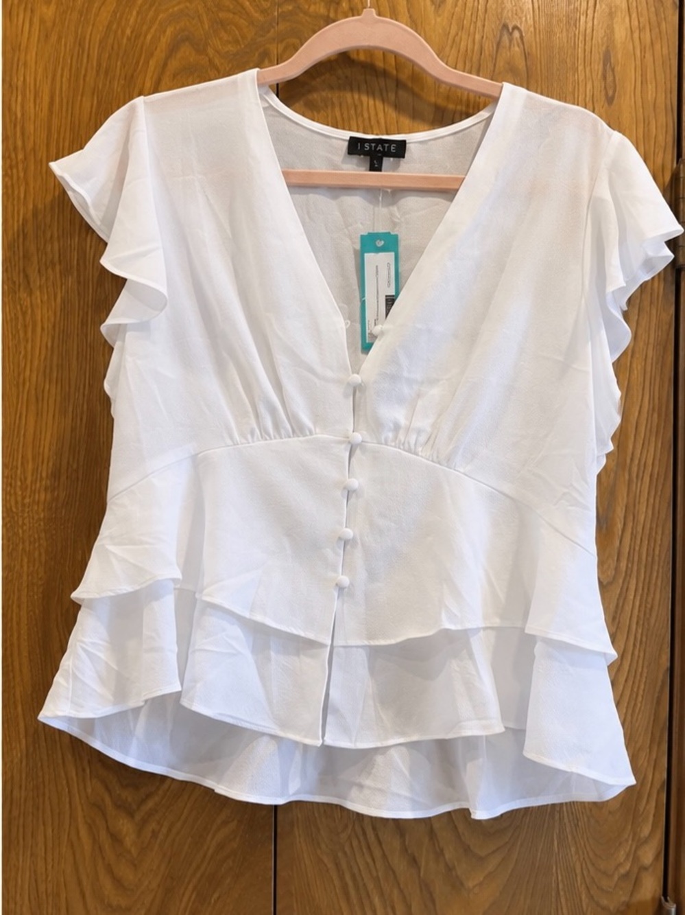 NWT 1.STATE Henry Flutter Sleeve Button Front Blouse White L Ruffle Peplum